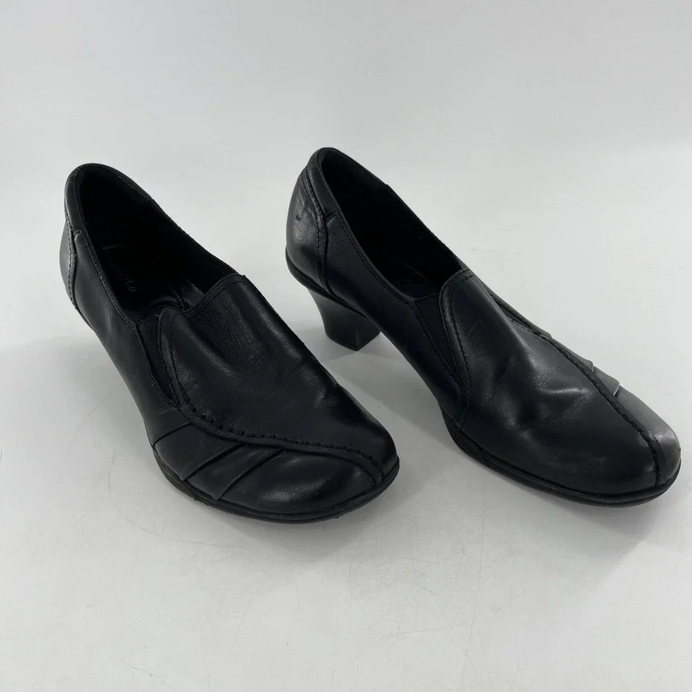 G H Bass & Co Leather Pump Low Chunky Heel Womens 9 M Black Kitten Ruched Tenley